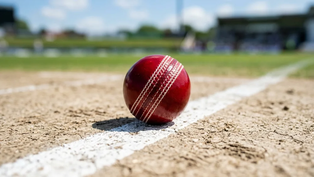 A new red cricket ball on the crease of a dry Test pitch