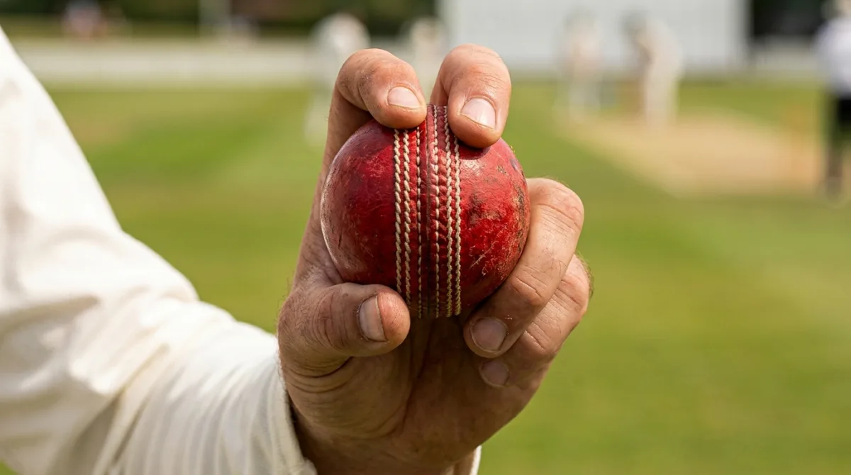 Fast bowler holding a red cricket ball in the seam-up grip