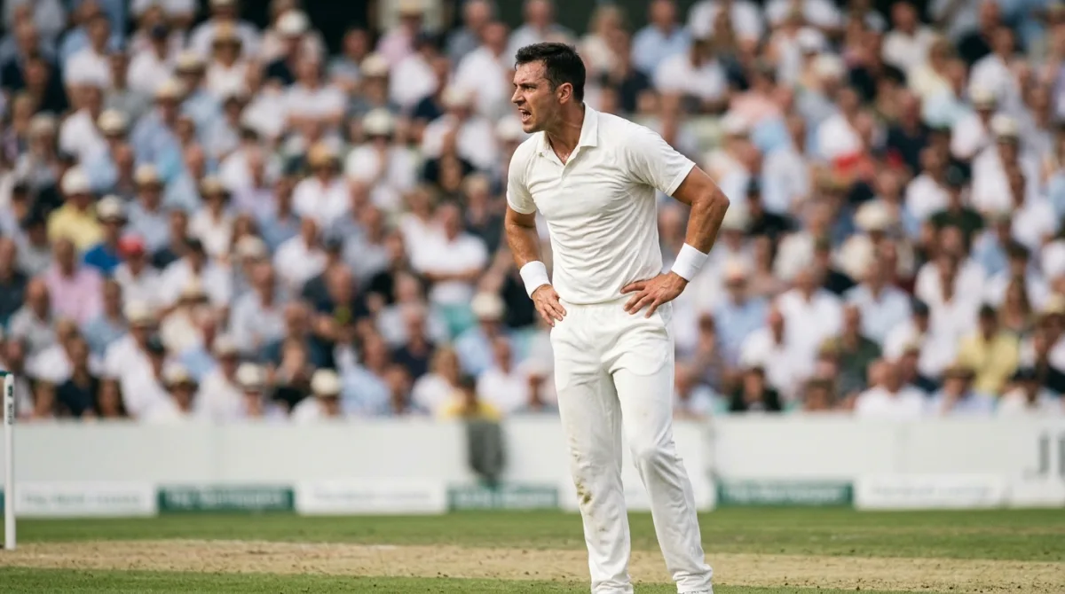 Fast bowler in Test whites glaring at a batter after his follow-through