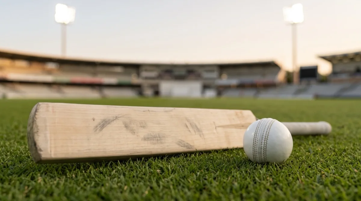 A cricket bat and a white ball on the outfield of an empty floodlit stadium