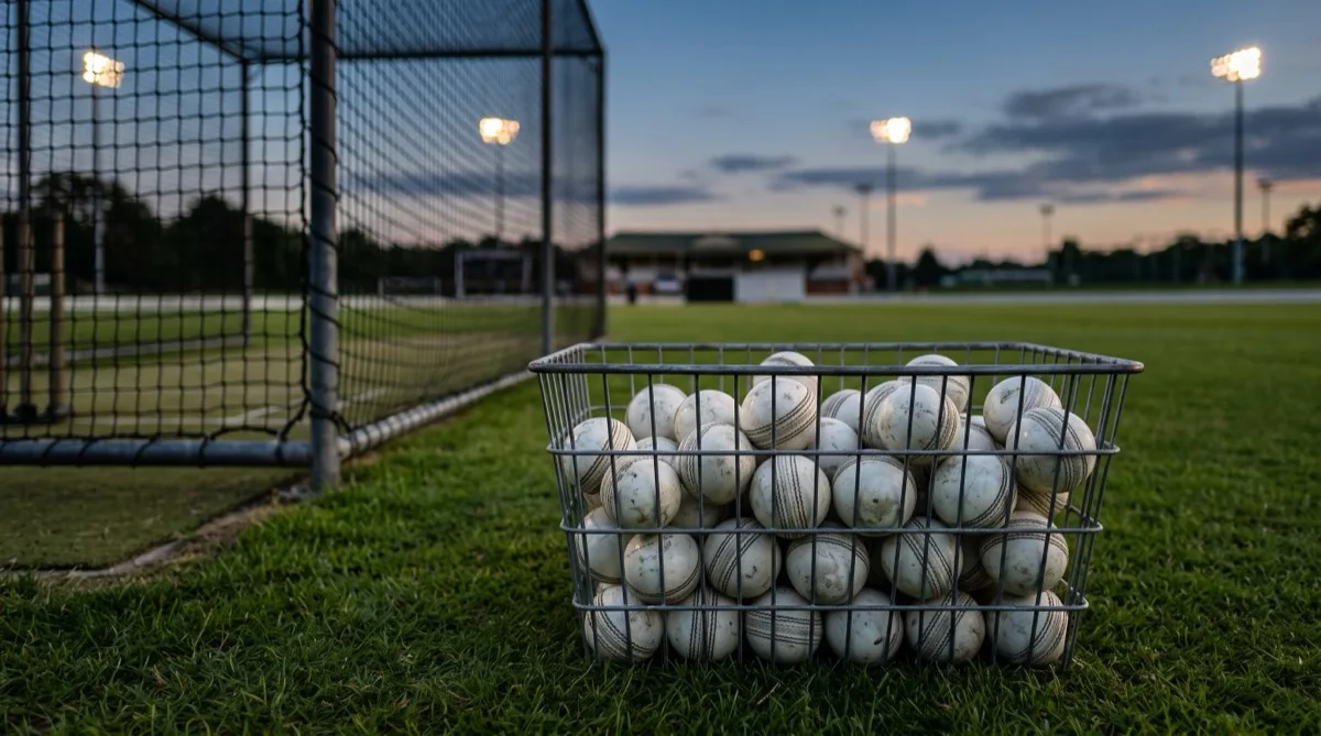 A wire basket of used white cricket balls beside practice nets at a floodlit ground