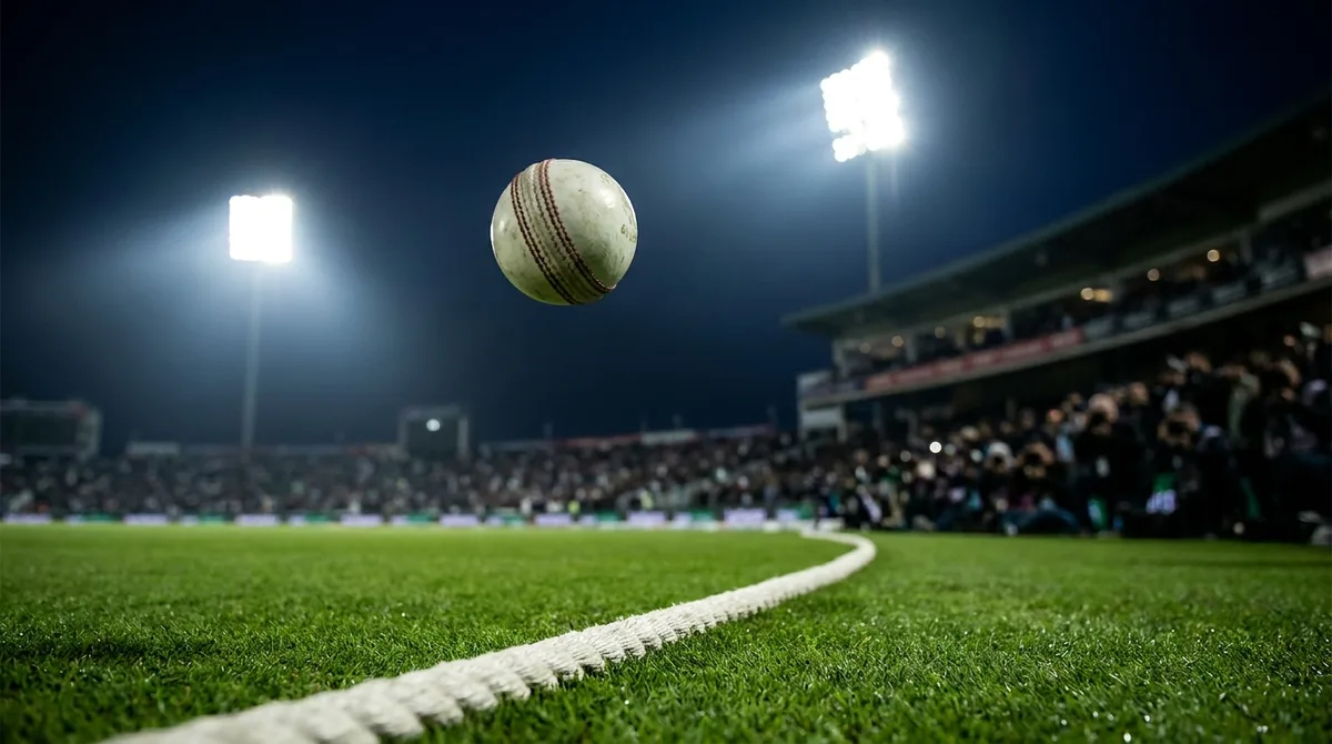 A white ball sails over the boundary rope at a floodlit T20 ground