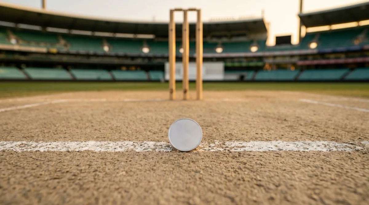A coin on a cricket pitch by the crease with the stumps behind it