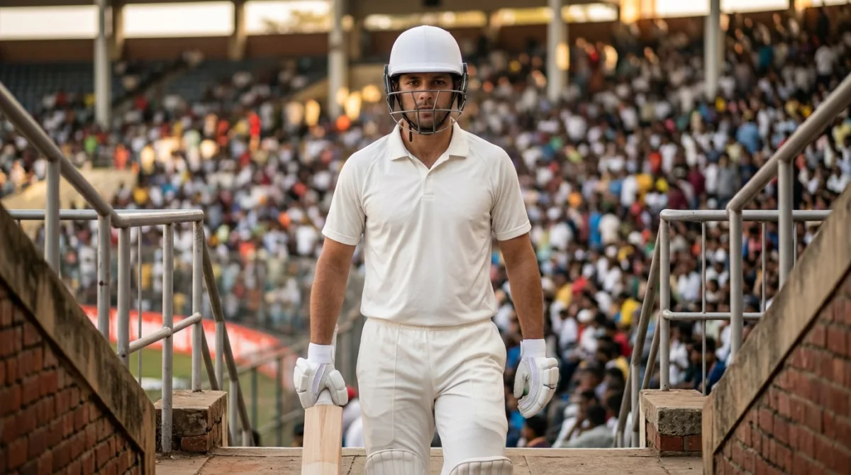 Test batter in whites walking out to bat