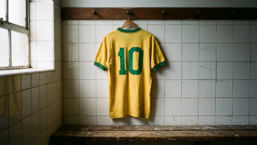 A vintage yellow Brazil-style number 10 football shirt with green trim hanging on a hook in an old tiled dressing room