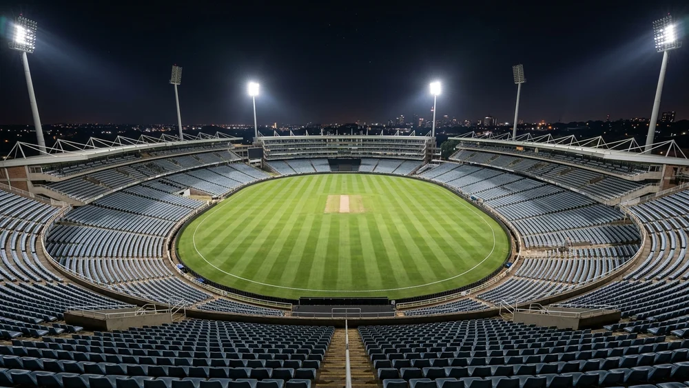 Empty bowl-shaped cricket stadium under floodlights at night in Johannesburg, with steep stands around the field