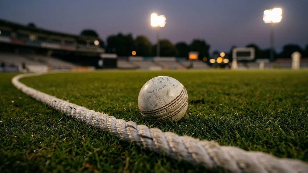 A white cricket ball on the outfield next to the boundary rope at dusk