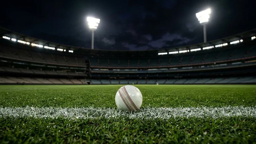 A white cricket ball on the outfield grass beside a white line, floodlights shining over an empty stadium at night