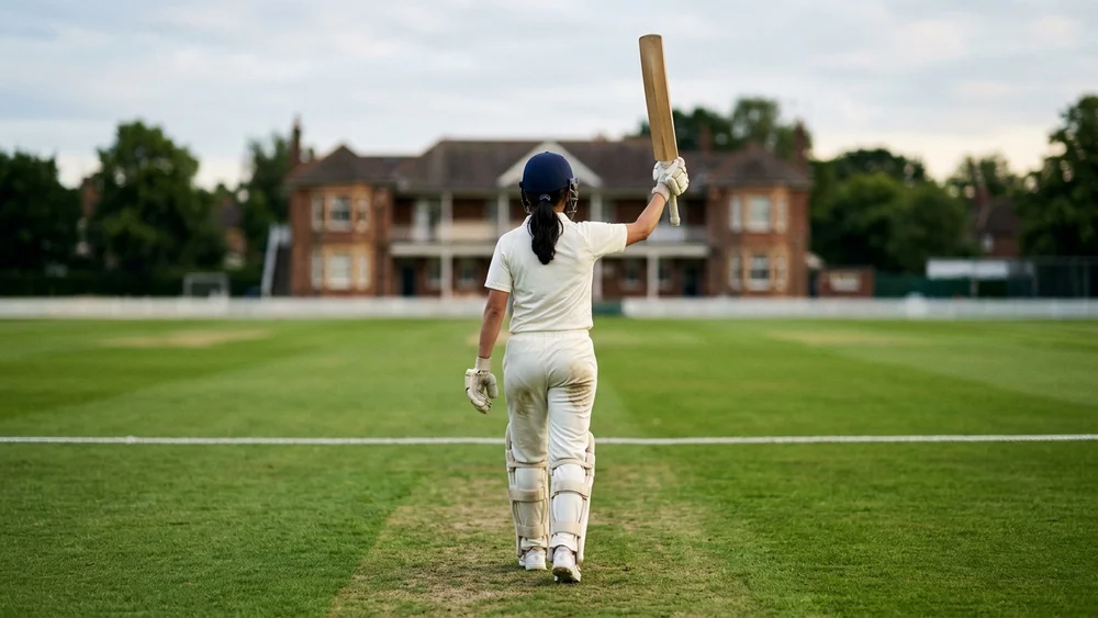 A female cricketer in whites, seen from behind, raising her bat as she walks across a cricket ground towards the pavilion